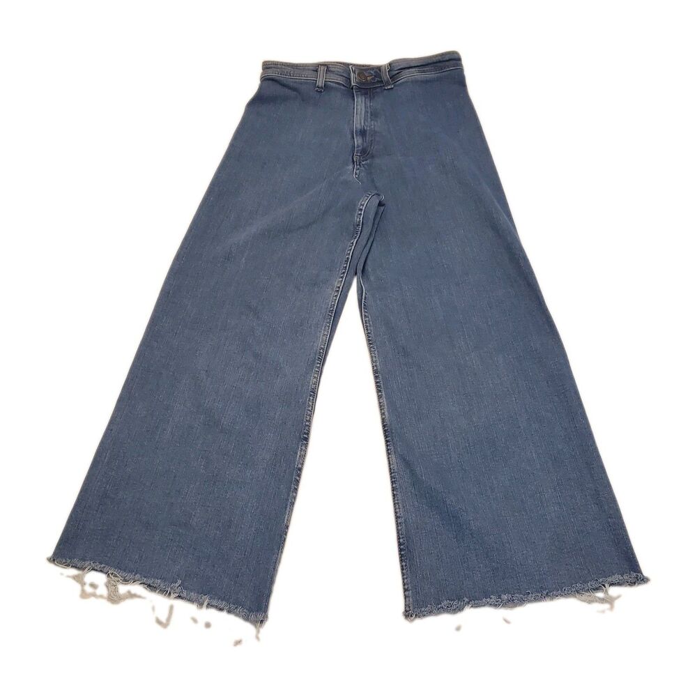 Zara Women Size 8 Blue The Marine Straight Raw Hem Wide Leg High Rise Jeans